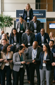 A number of business advisors in blazers with lanyard in a pyramid like cheerleaders